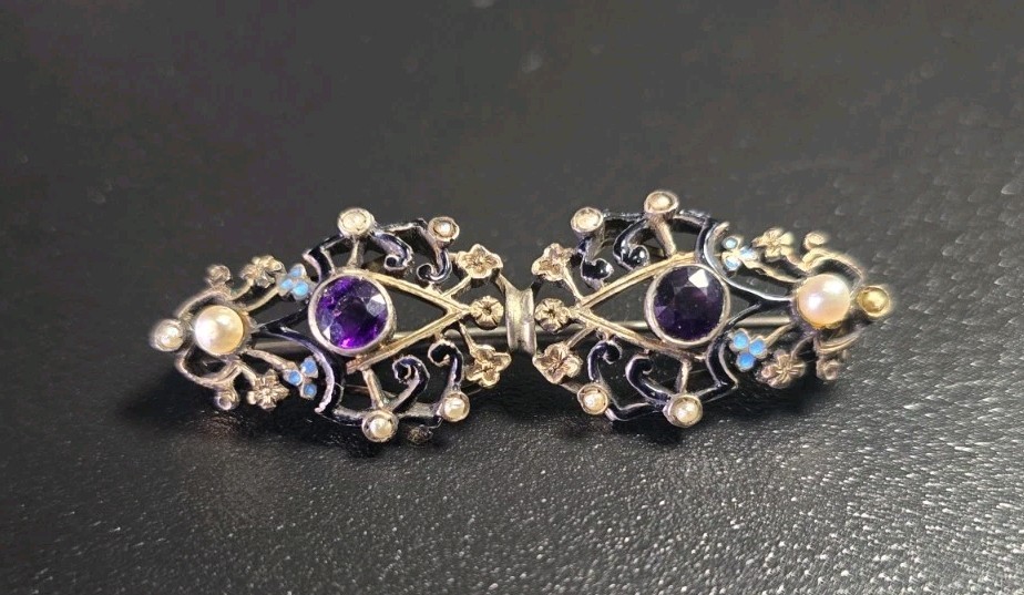 Antique Art Deco Silver Czech Glass & Seed Pearl Enamel Brooch