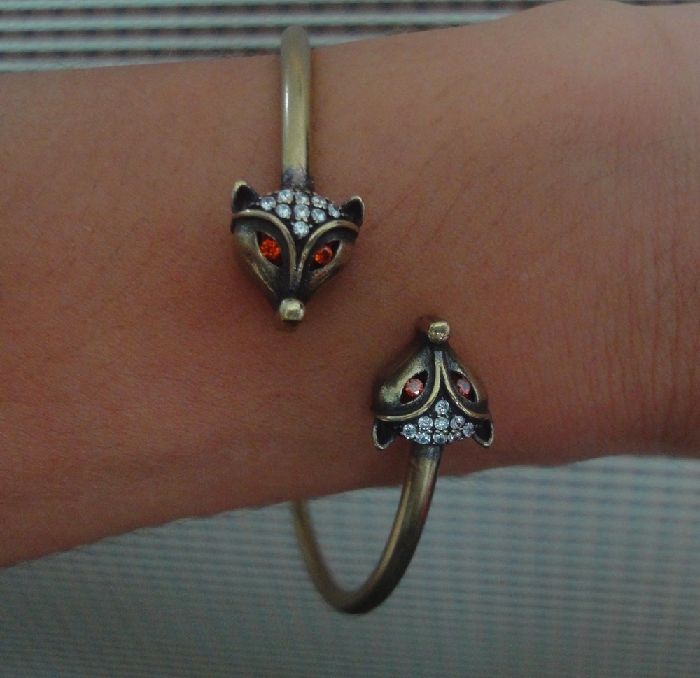 56MM Brass Fox Heads Women Open Bangle Vintage Cuff Bracelet Gift for Her