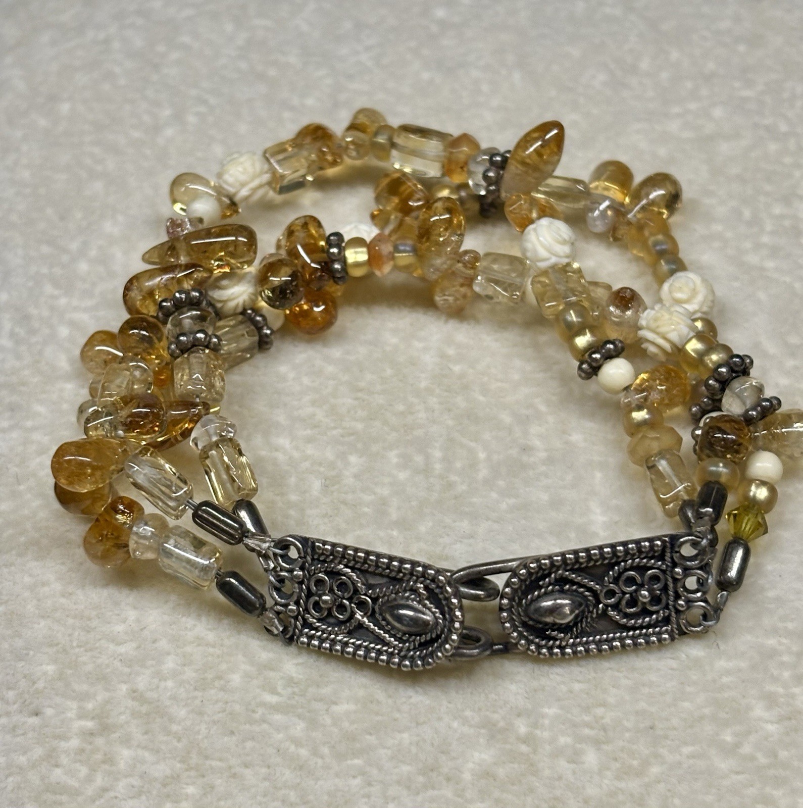 Vintage Citrine 925 SS Spacers & Filigree Clasp Carved Rose Cluster Bracelet 6.5