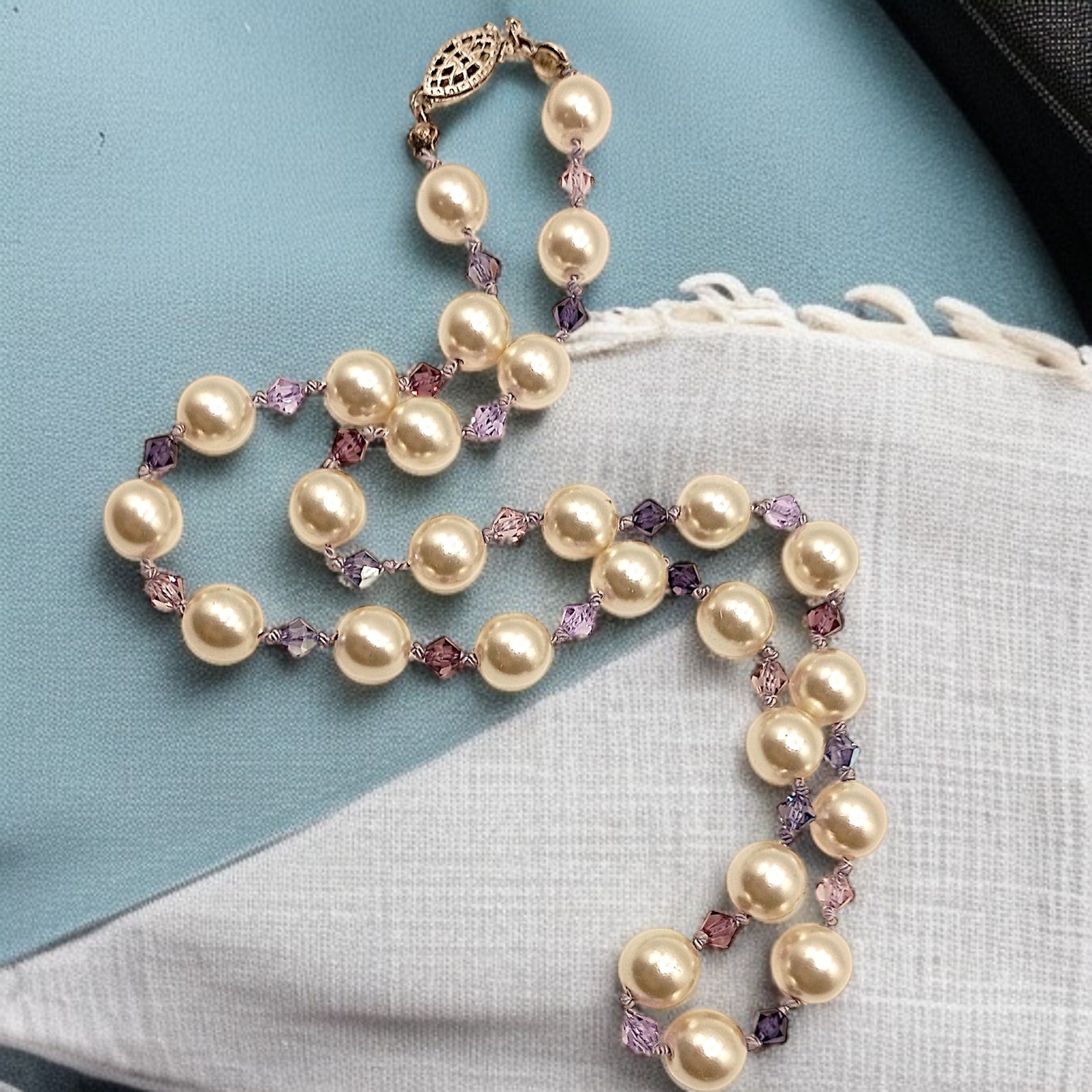 Vintage Purple Crystal Faux Pearl Necklace Beaded Hand Knotted Sterling Silver