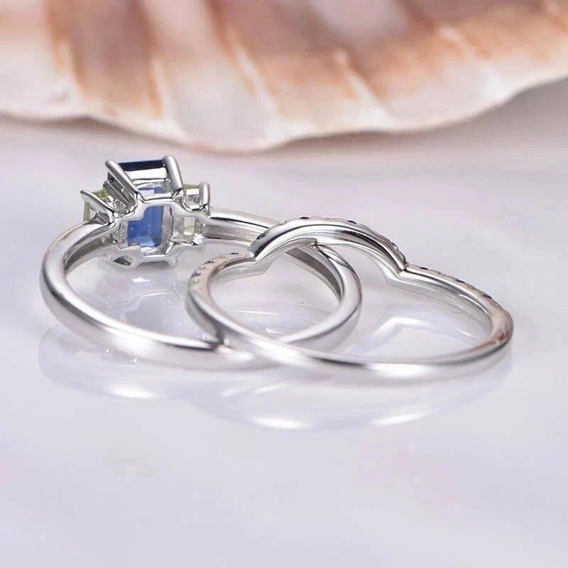 2.2Ct Emerald Cut Lab Created Sapphire & Diamond Engagement 14K Gold FN Ring Set