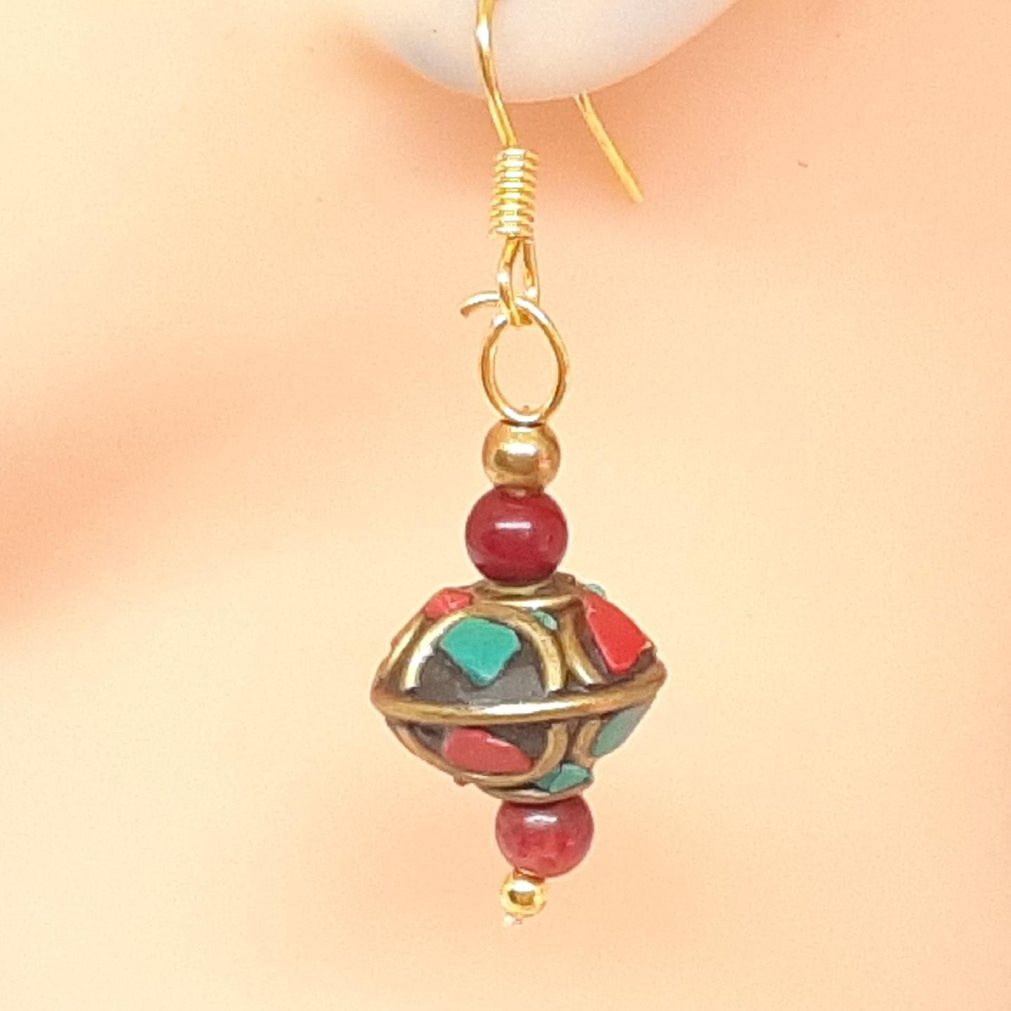 Vintage 3.40ctw Turquoise & Coral 14K Yellow Gold Silver Dangle Earrings 4.3g
