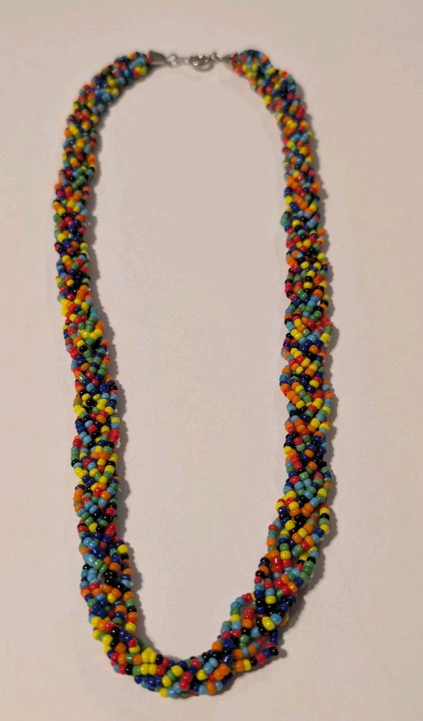 Vintage Multicolor Braided Seed Bead Necklace Women’s Jewelry 18 Inch