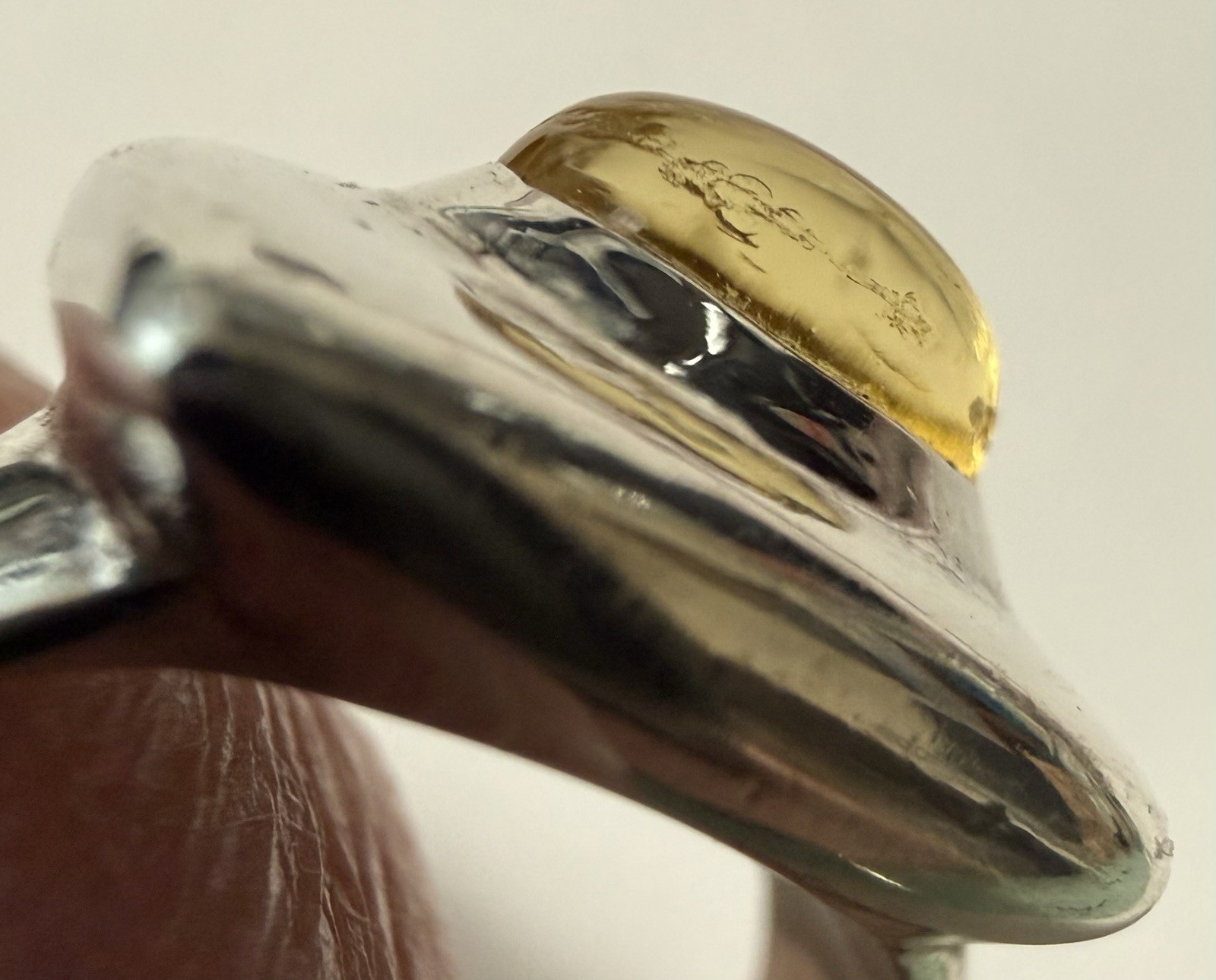 Vintage Modernist Sterling Silver Lemon Amber Cabochon Square Face Ring Size 5.5