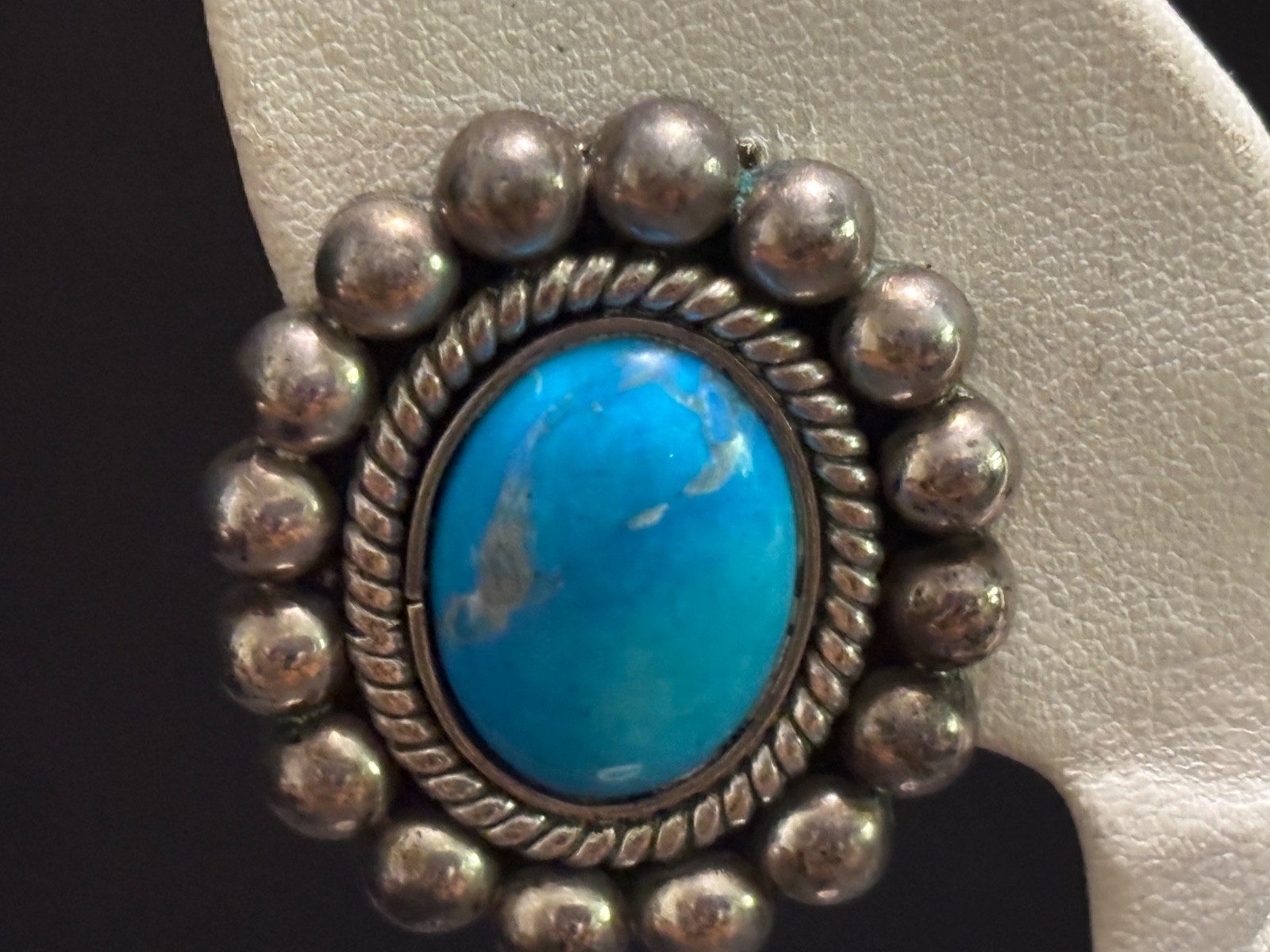 Vintage Mexico Turquoise 925 Silver EARRINGS Clip Back Ovals Bead & Rope Trim