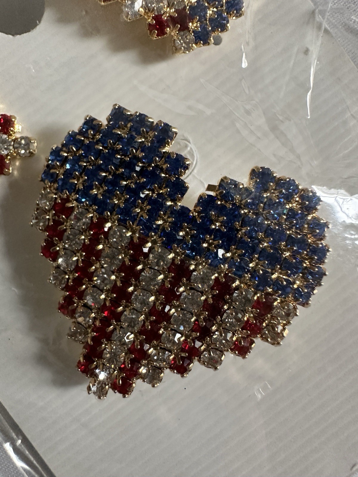 vintage patriotic red clear blue rhinestone heart brooch and earrings