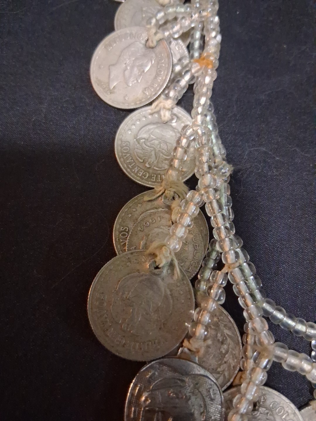 Coins From Around The World Necklace 1930s-60s Clear Beads String Custom Made