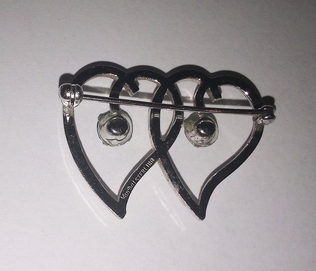 Vintage Van Dell Signed Sterling Silver Double Heart Brooch December Blue Zircon