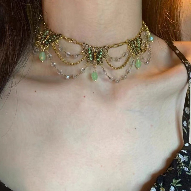 Vintage Butterfly Choker Necklace Gold Tone Crystal Beaded Women Jewelry Gift