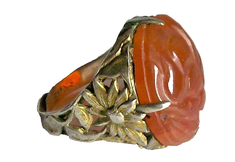 Vintage ANTIQUE CHINESE Export Carved CARNELIAN SILVER RING-ADJUSTABLE