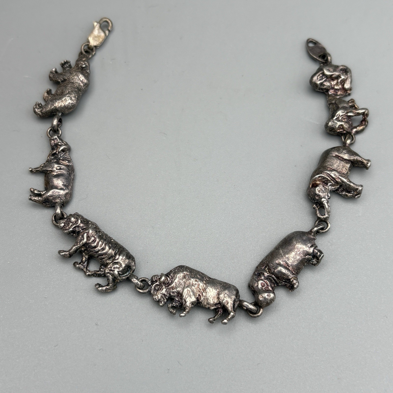 Vintage Sterling Silver African Animal Link Bracelet 8″ Dimensional 22.04g 925