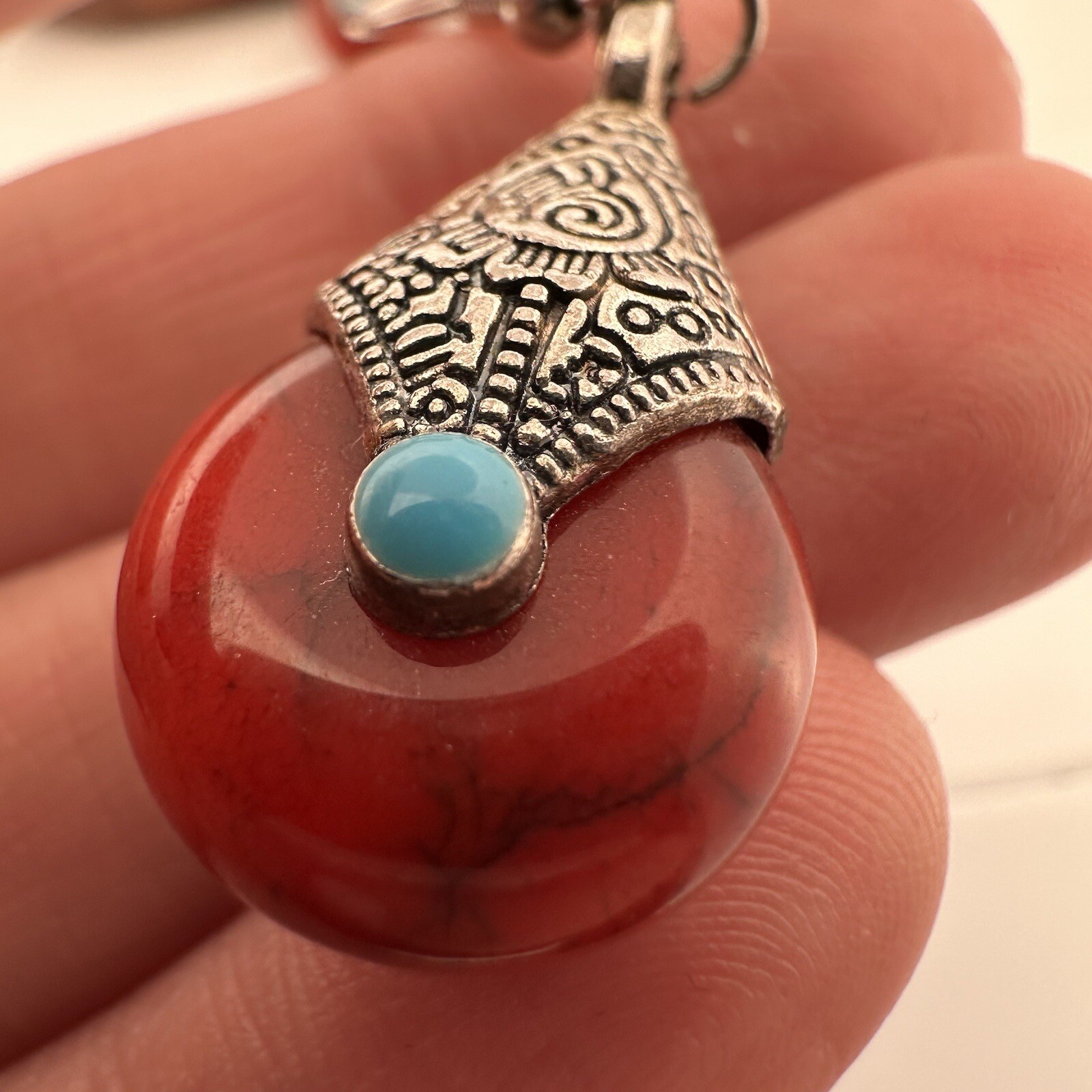 VINTAGE ~ SILVER TIBETAN RED BEAD EARRINGS ~ TURQUOISE BOHO ETHNIC PIERCED HOOKS
