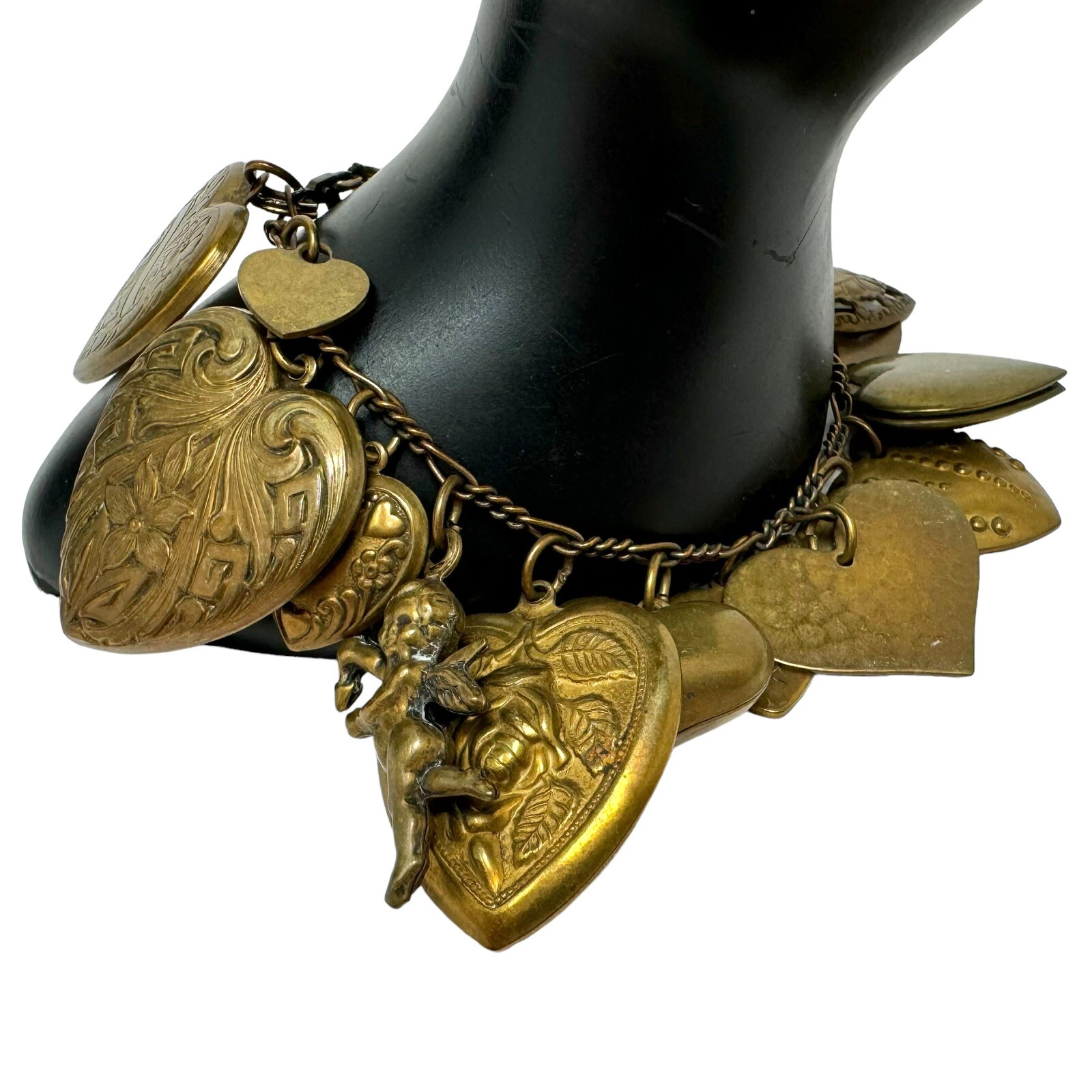 Victorian Style Bronze Color Embossed Fancy Hearts Cherub Charm Bracelet