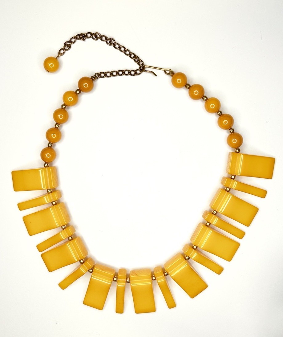 Vintage Butterscotch Yellow Bakelite Art Deco Geometric Panel Bib Necklace