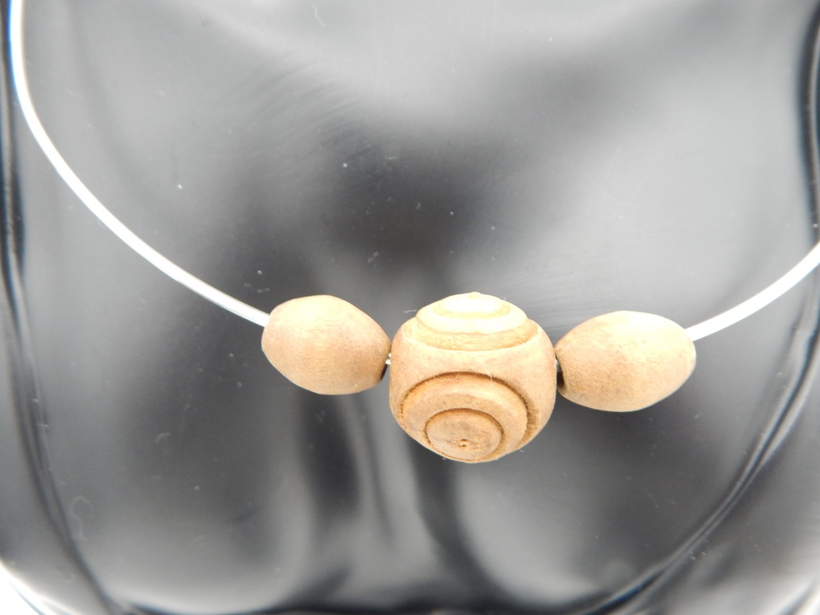 Vintage MCM Silver Toned Engraved Wood Beaded Choker Necklace
