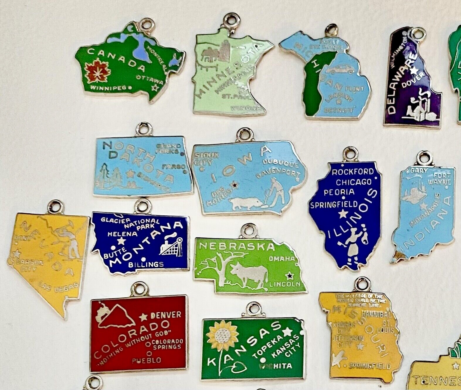 Vintage WELLS Sterling Silver Cloisonné Enamel USA State MOTTO Map Charms