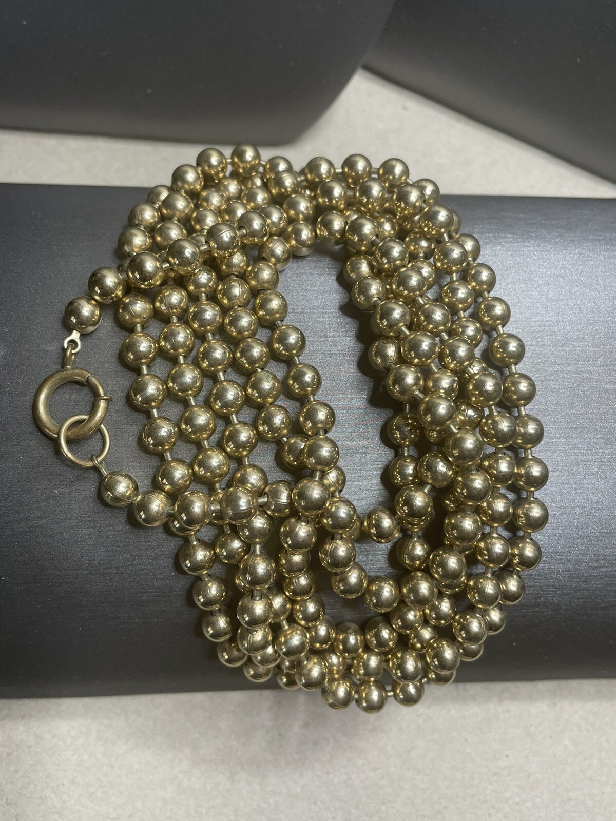 Miriam Haskell 60” Gold Tone 6.4mm Metal Bead Flapper Necklace Signature Clasp