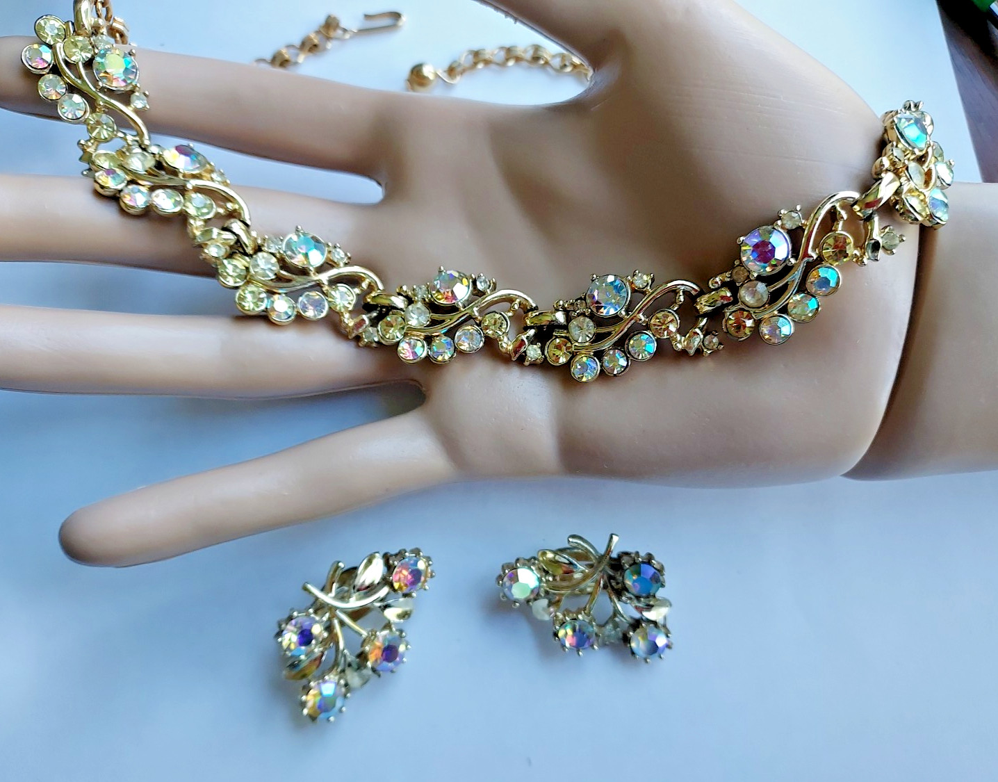 Aurora Borealis Set Necklace Clip On Earrings Rhinestone Vintage Demi