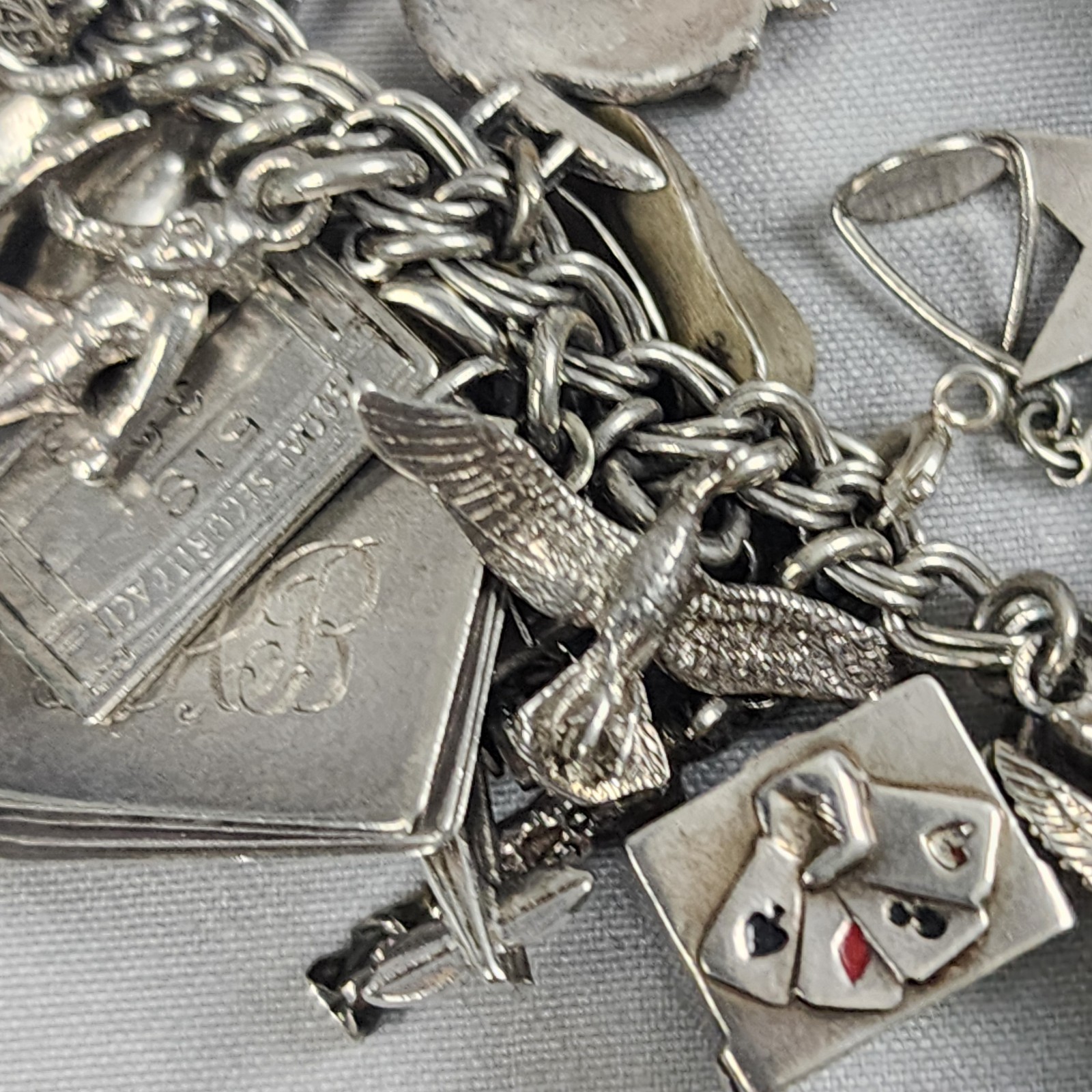 VTG Charm Bracelet 50+ Charms Sterling + Mixed Metals Movable Parts Estate Sale