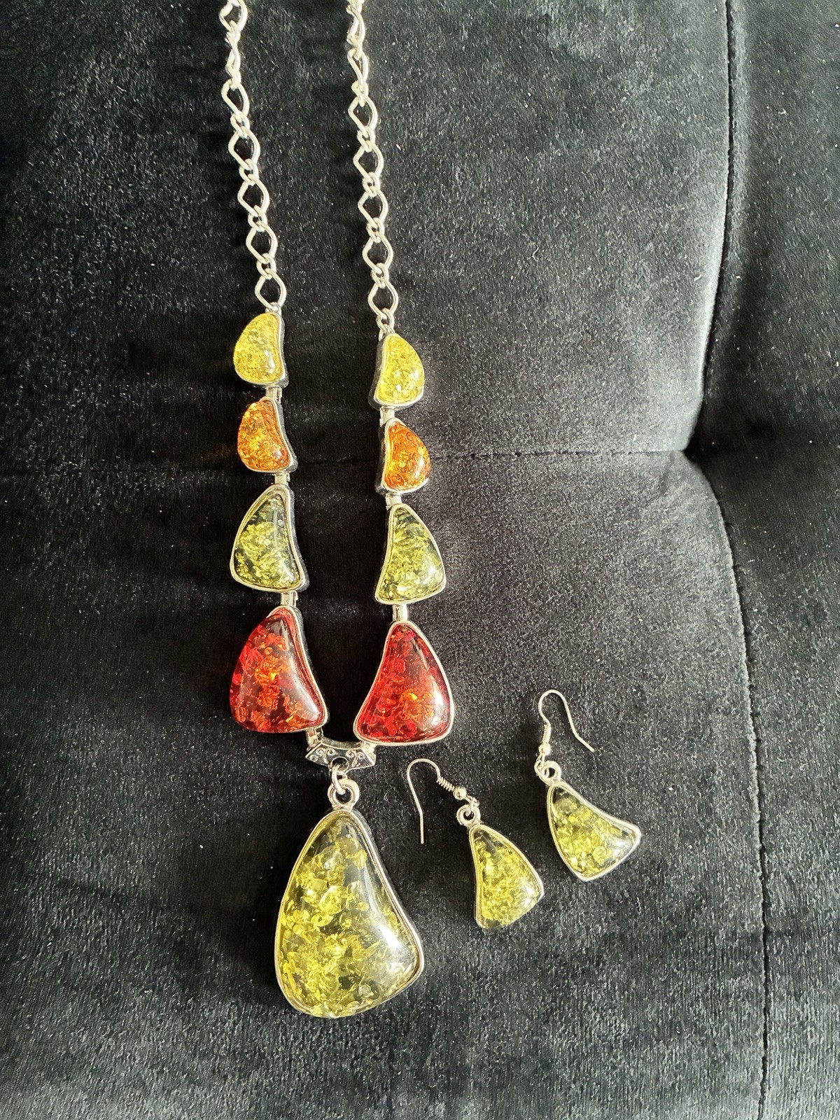 Vintage Necklace & Earrings FAUX Amber Multiple Colors With inclusions