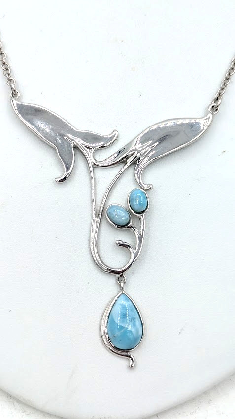 Vintage Floral Pendant Necklace Sterling Silver 925 Thailand Blue Glass