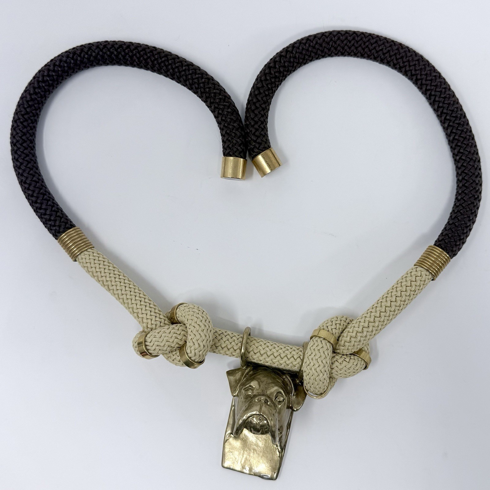Vintage Boxer Dog Solid Brass Pendant Rope Statement Necklace Magnetic Clasp 26”