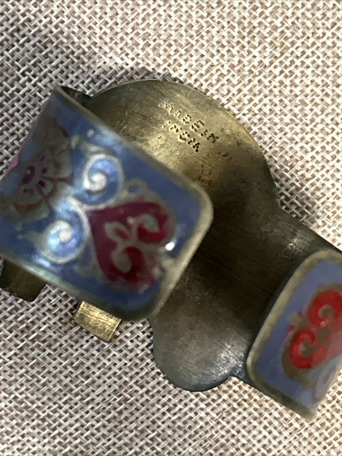 Vintage India Brass Enamel Painted Cuff Bracelet Elephant Floral Boho Blue VTG