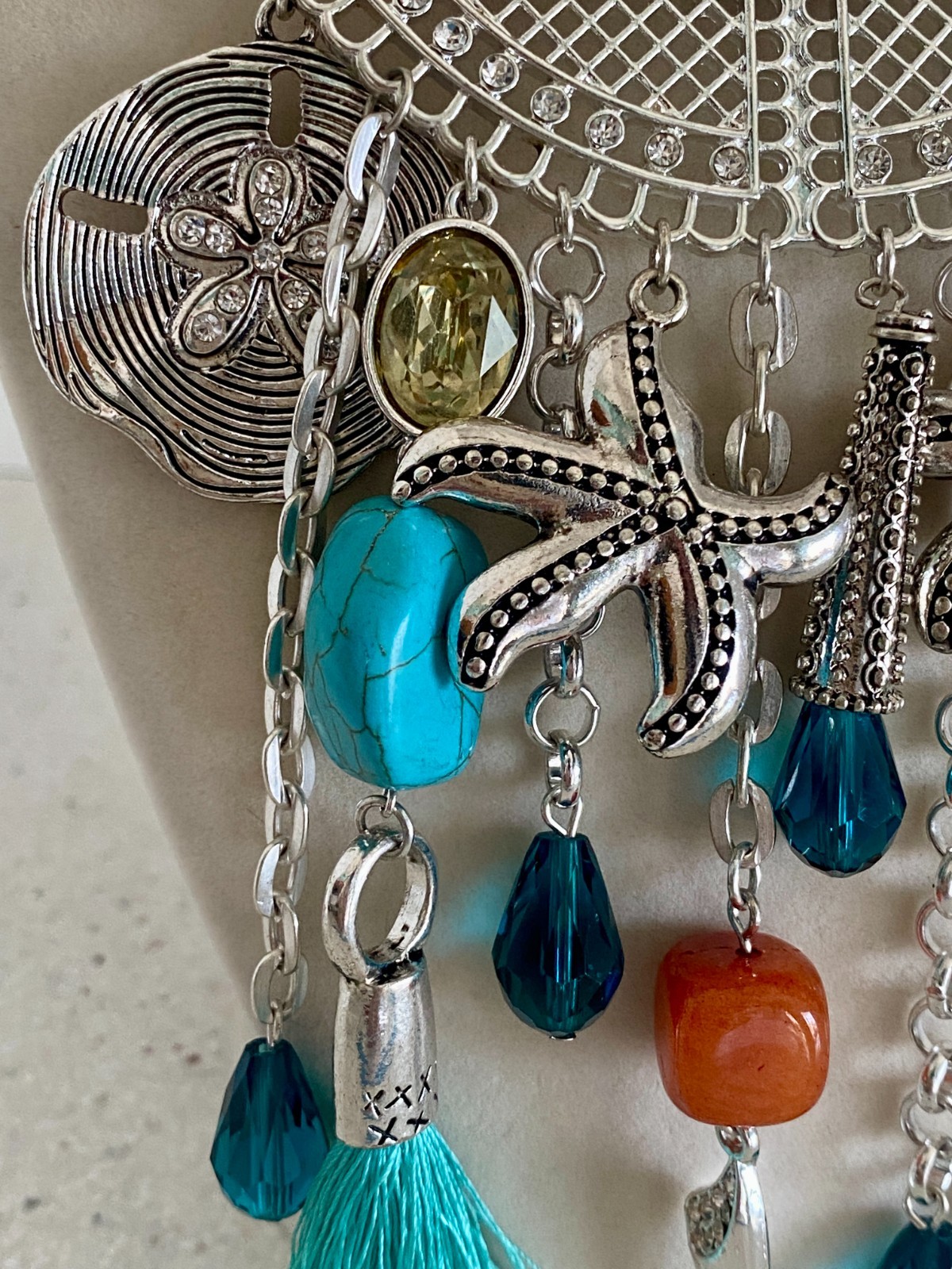 Boho Style Coastal Beach Statement Necklace Silver Tone Bib Bohemian Starfish