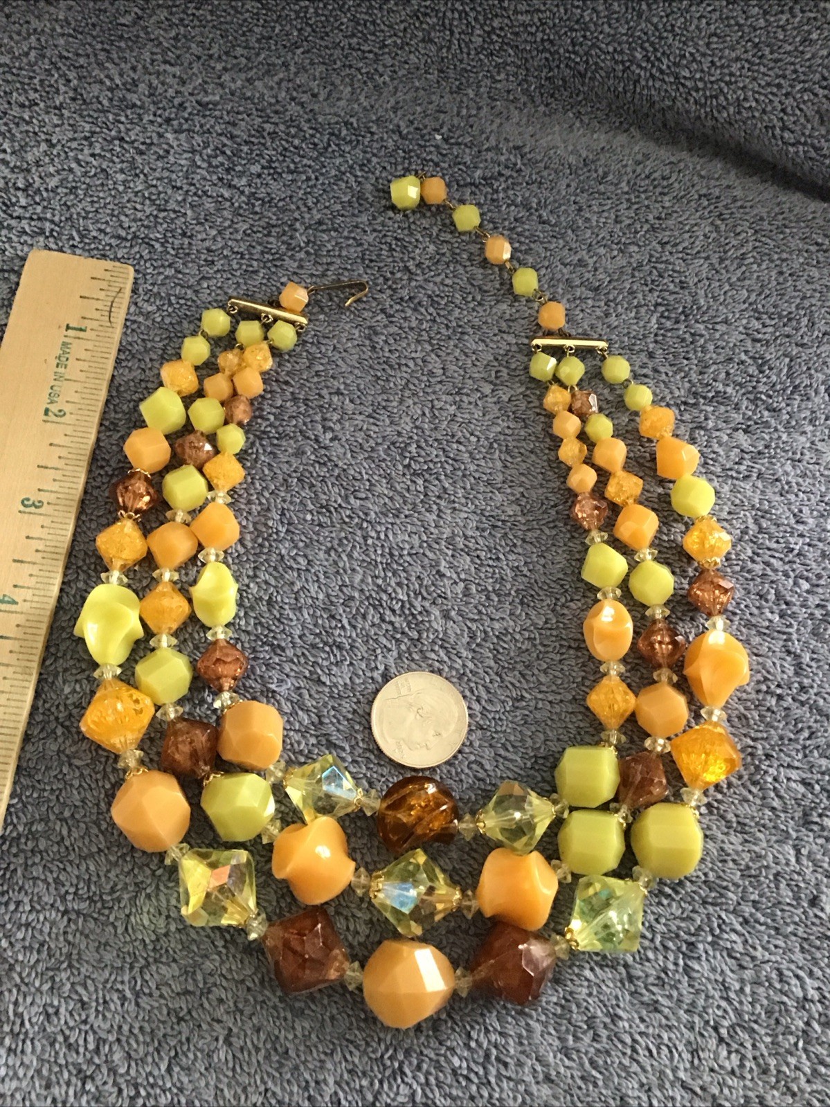 Vtg Germany Bead Necklace Triple Strand Yellow Orange Chunky Acrylic Lucite