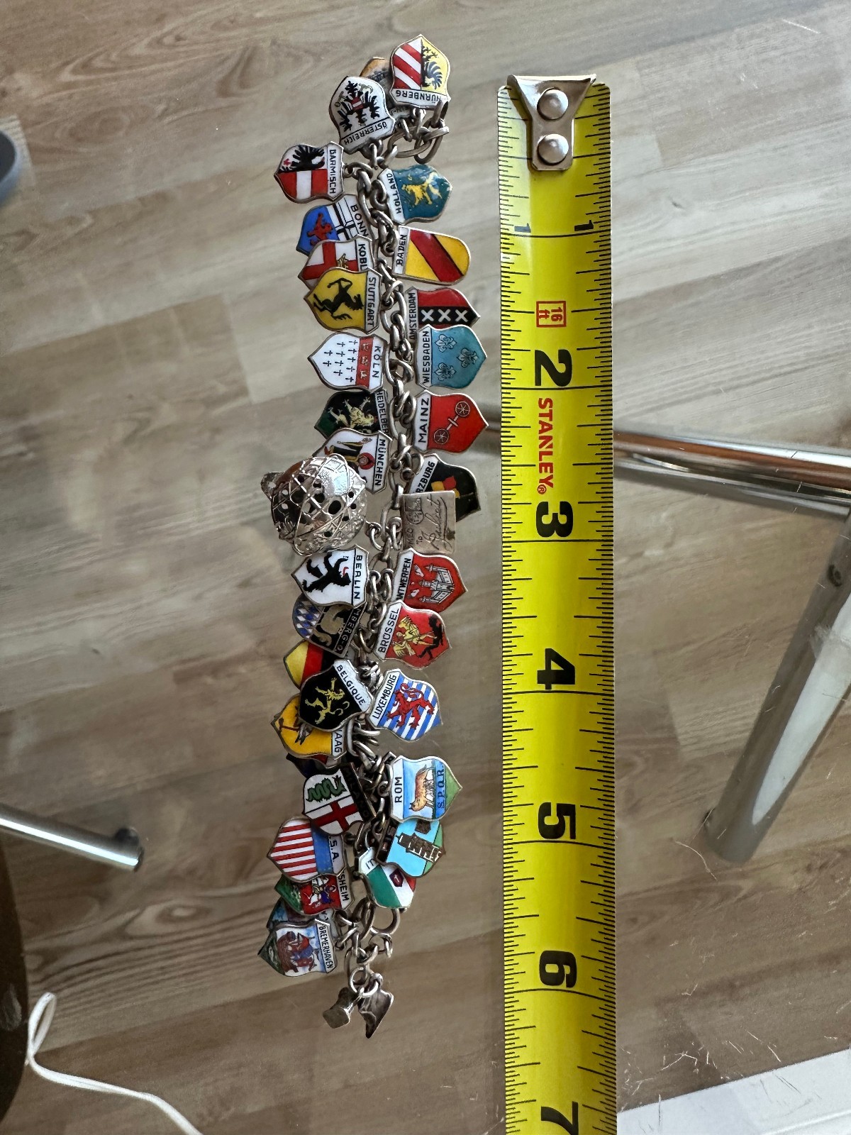 Sterling Silver Charm Bracelet & 35 Enamel European US Souvenir Travel Shields