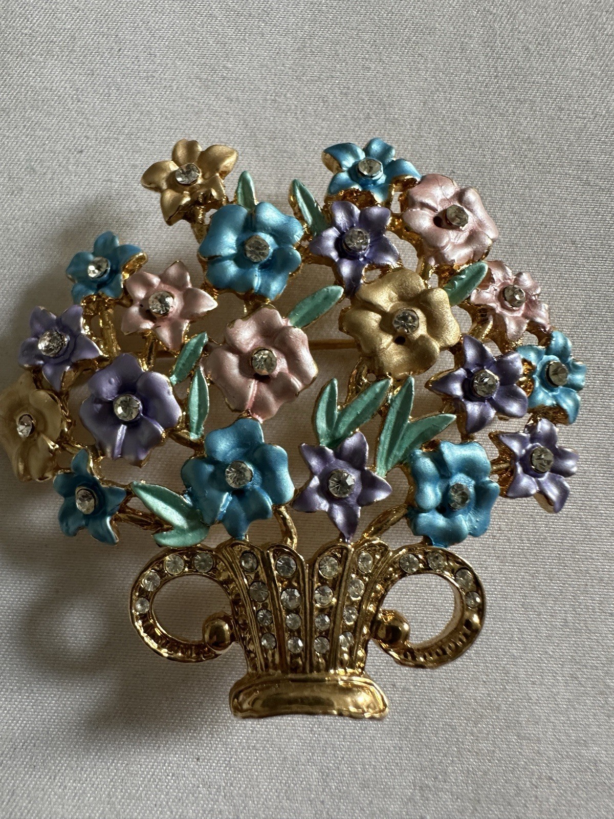 Vintage Gorgeous Enameled Flower Bouquet & Rhinestone Pot Brooch B2