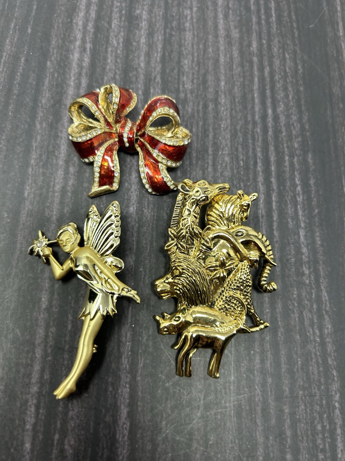 Vintage Gold Tone Brooch Lot Fairy Animals Red Bow Rhinestone Pins Costume