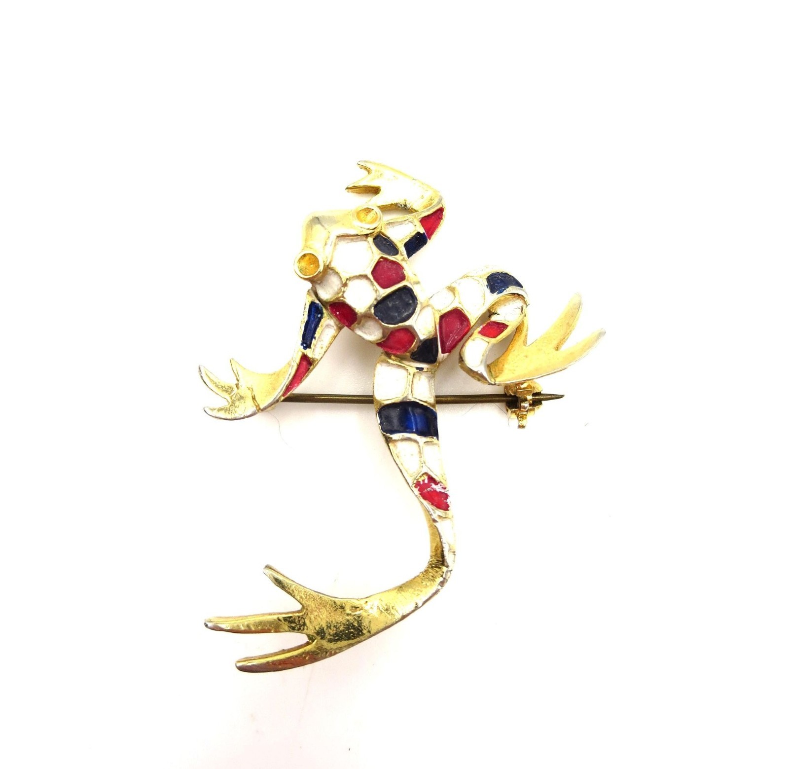 VTG Gold Tone Red White Blue Painted Enamel Frog Brooch Patriotic 4th of July