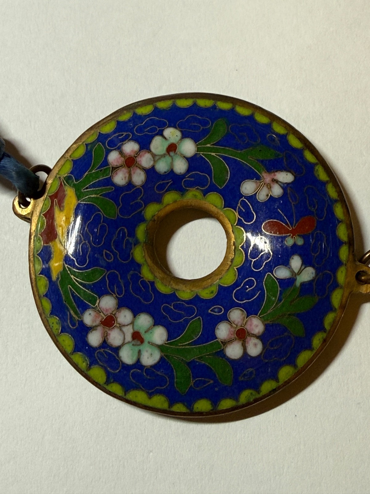 Vintage Cloisonne Pendant Bi Disc Puffy Cobalt Blue Enamel Colorful Clouds