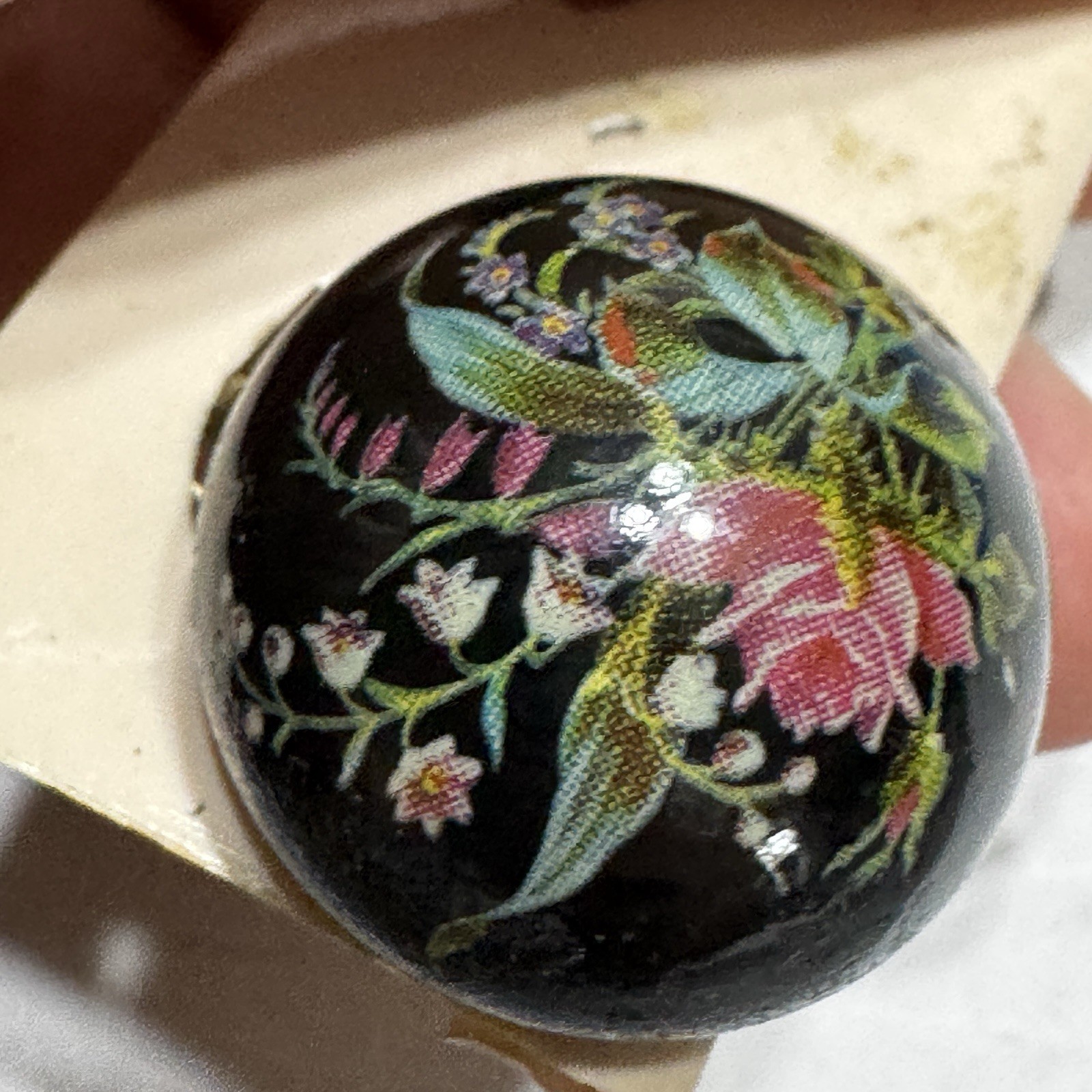 Vtg Black Floral Clip On Earrings Button Dome 60s Pink Flowers 1” Lightweight