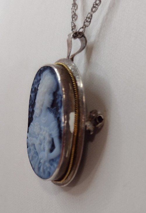 Cameo Sterling Silver 925 Italy Azure Agate Pendant Brooch 1121 NA Rare Hair