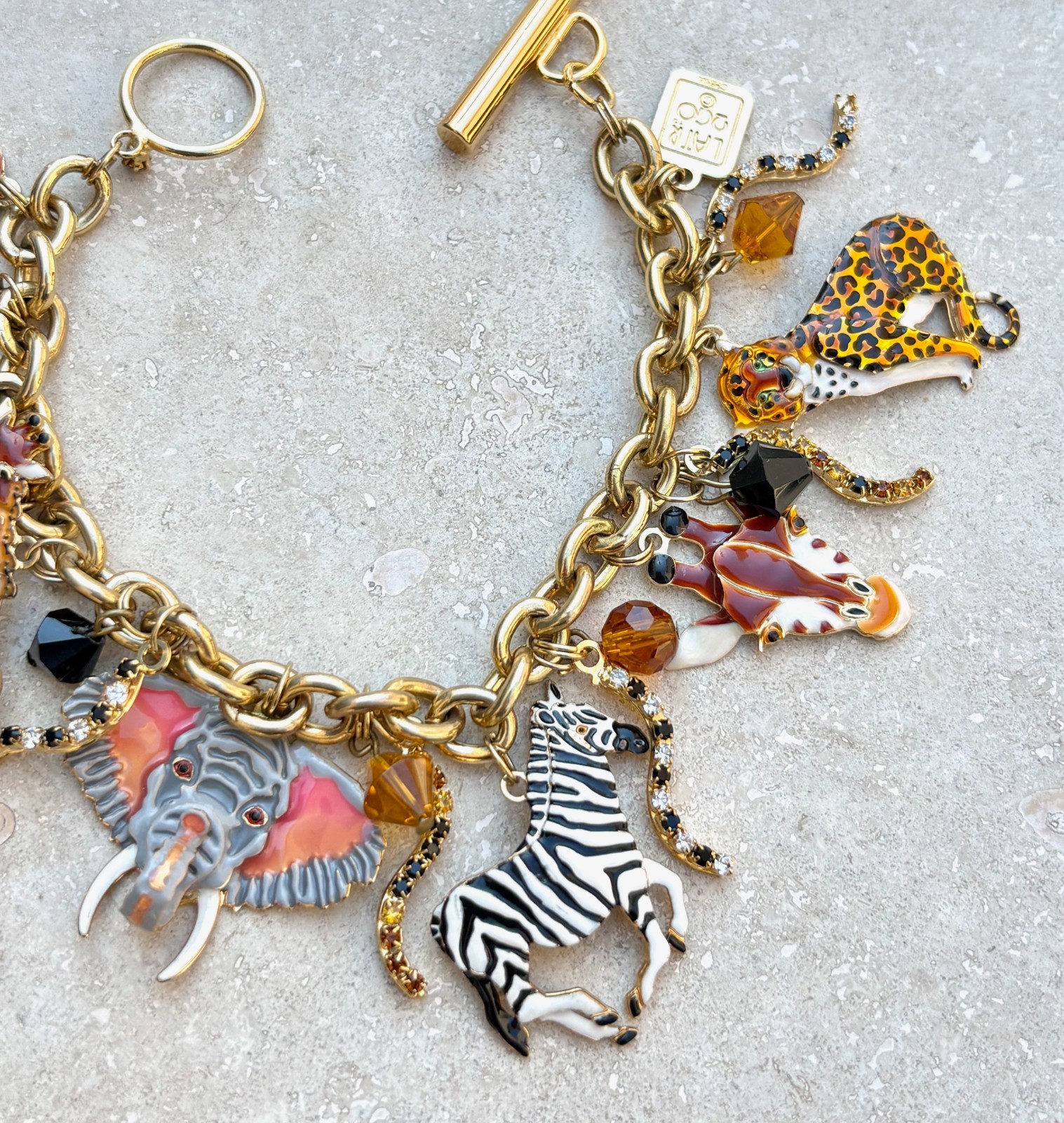 LUNCH AT THE RITZ Signed Safari Animals Charm Bracelet Enamel Rhinestones