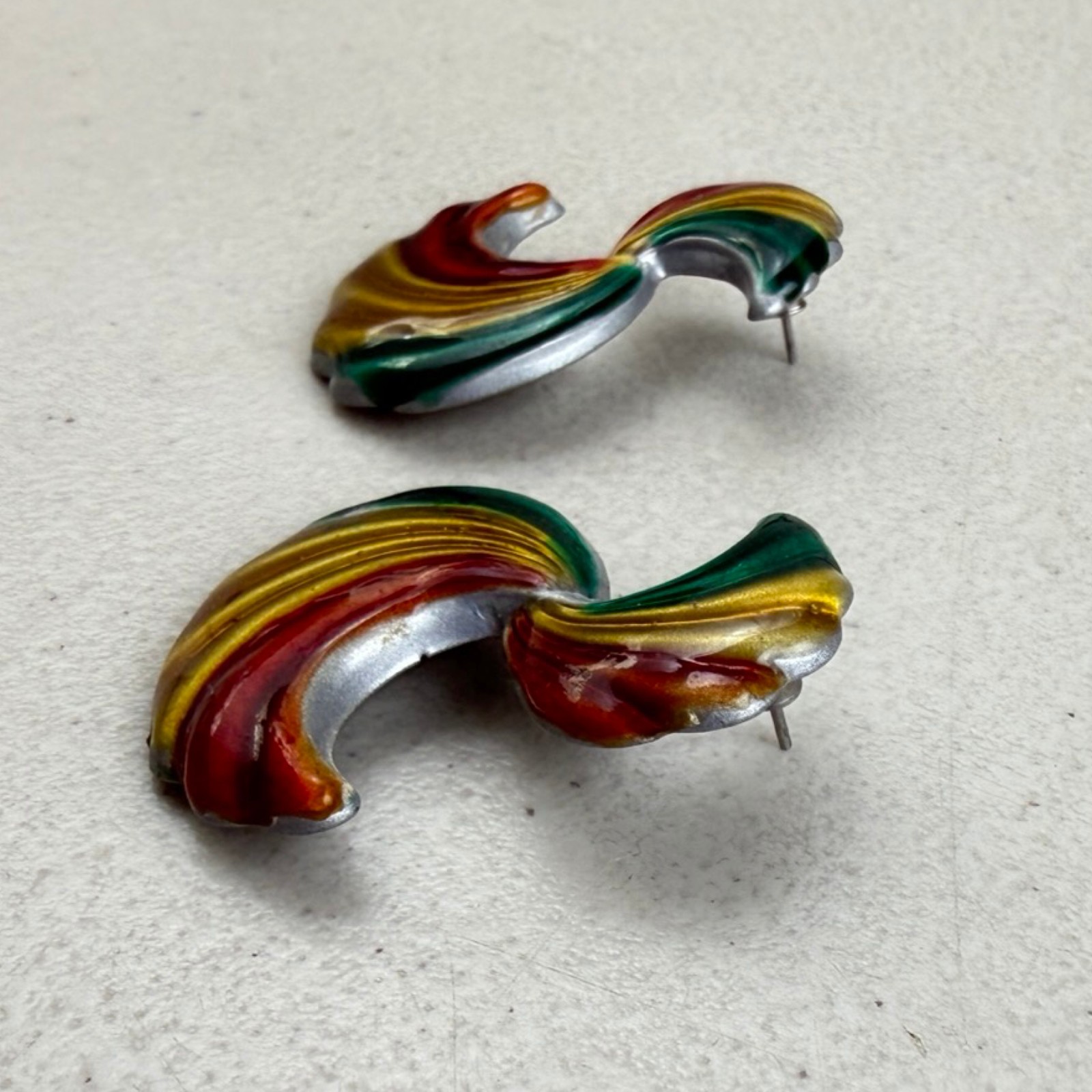 Vintage Rainbow Earrings 1990s Swirl Thin Enamel Colorful Pierced Earrings