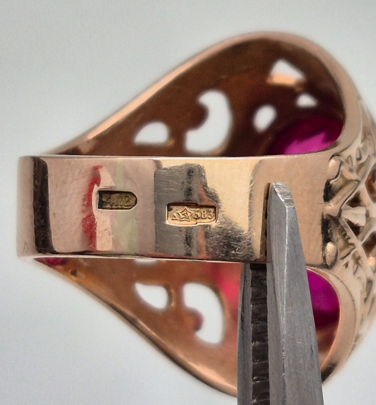 Vintage Soviet 14K Rose Gold Ring 583 with Stone • 11g • Original USSR Jewelry