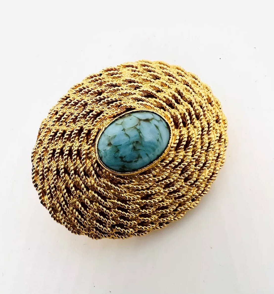 Italy Shiny Gold Plated Rope Twist Turquoise Glass Brooch Signed Vintage Jewelry