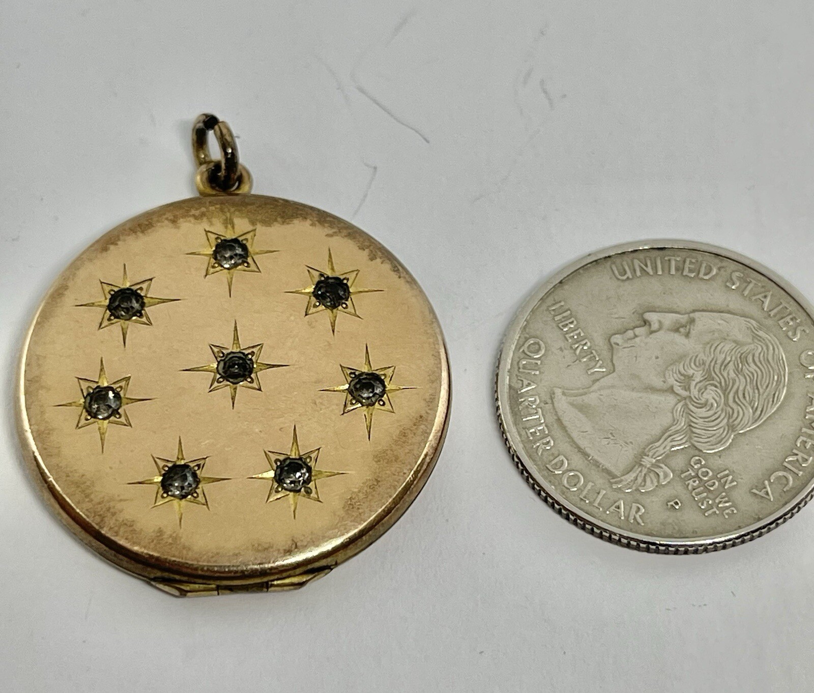 Antique Art Nouveau Rolled Gold Stars Round Locket Pendant with 8 Paste Stones