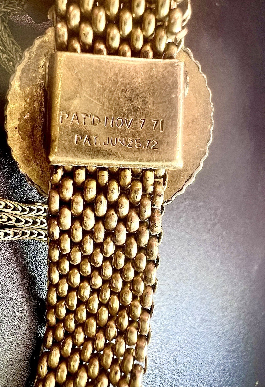 Vintage Victorian PAT 1871 Gold Mesh Tassle Slide Bracelet Shows Signs of Wear
