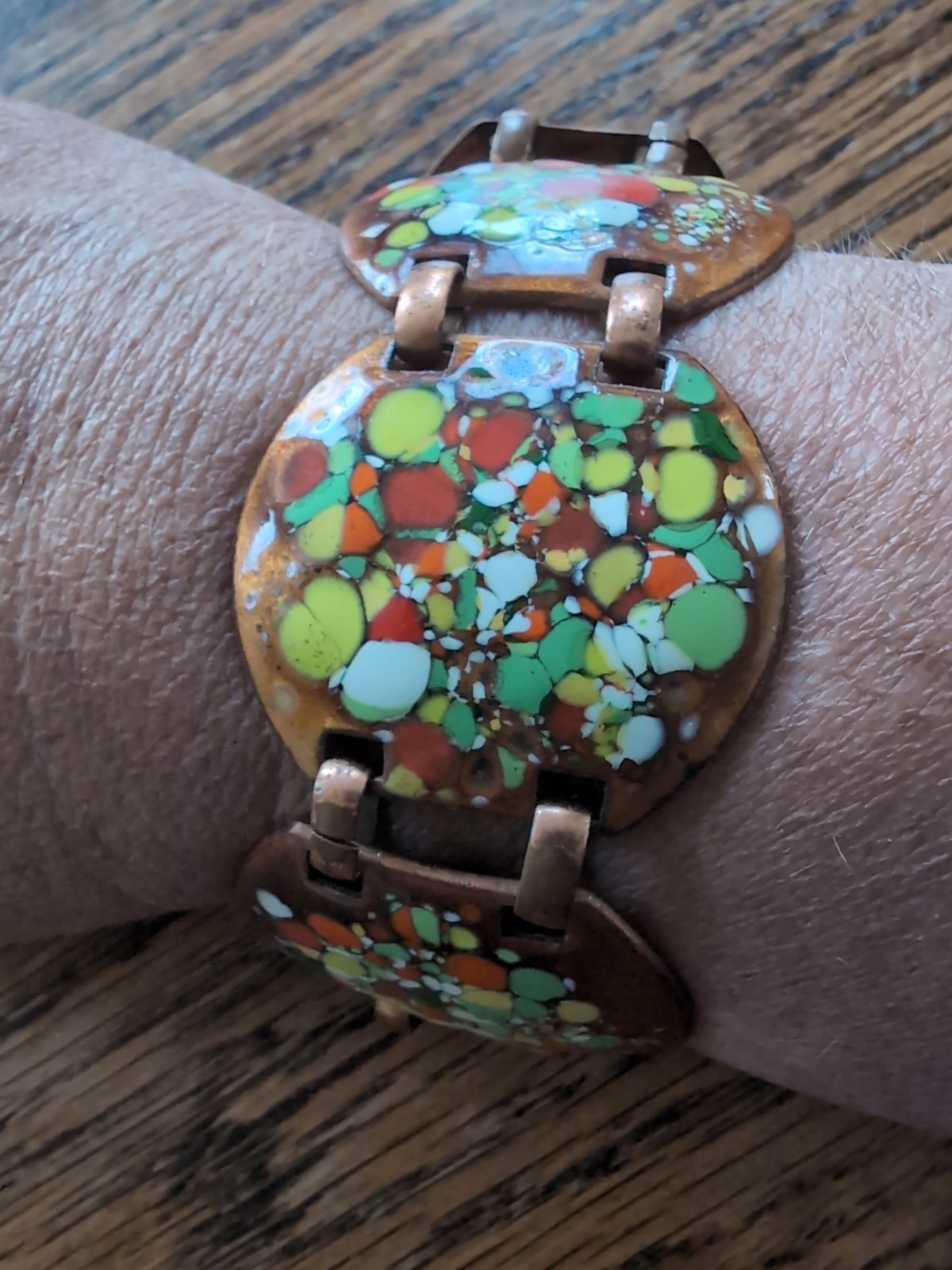 Vtg Unbranded Very Unique Copper & Enamel Link Bracelet~1.5″ Wide~7.5″ Long@~