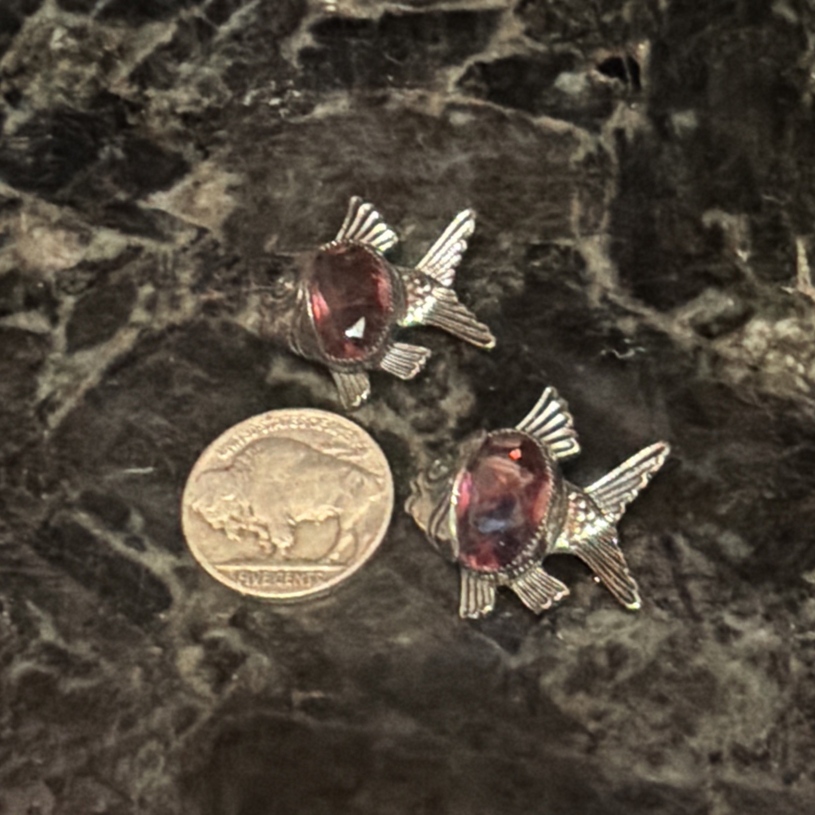 PAIR (2) Vntg DANECRAFT STERLING & Faceted Amethyst Fish Brooches 1” NICE EUC