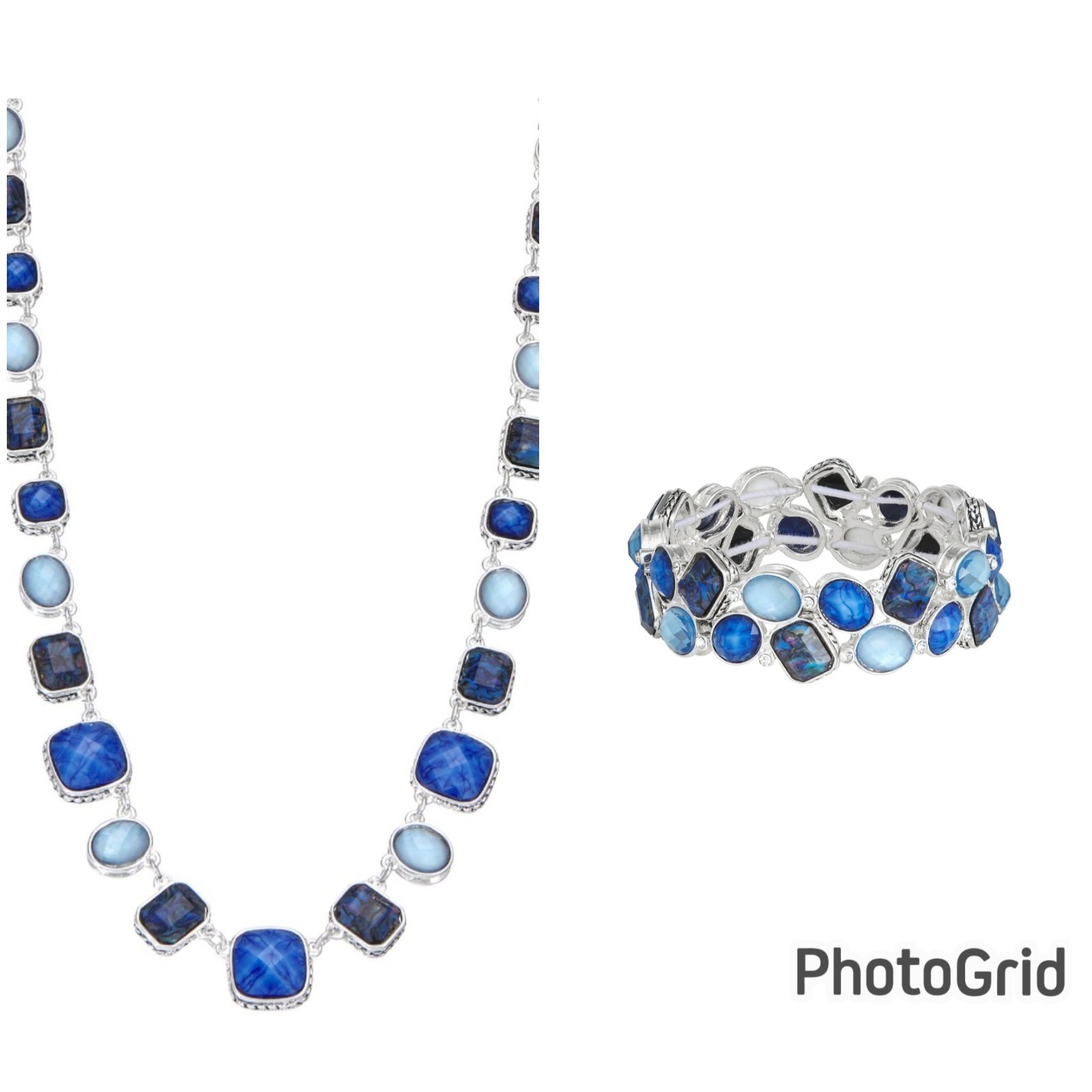 Napier Silver Tone Blue Simulated Stone Necklace & Matching Stretch Bracelet