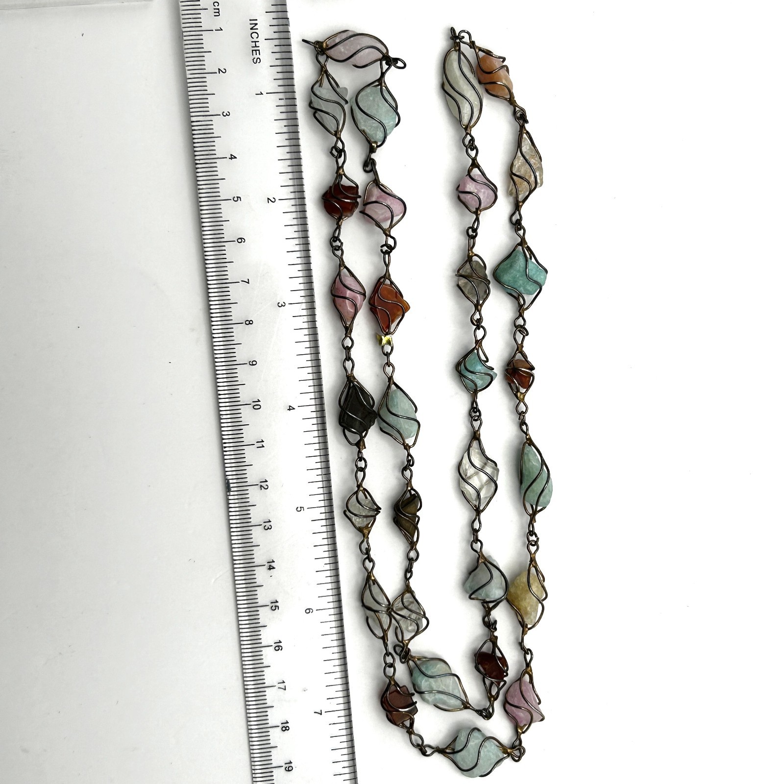 Vintage Gemstone Wire Wrapped 30” Necklace Garnet Jadeite Quartz Artisan Boho