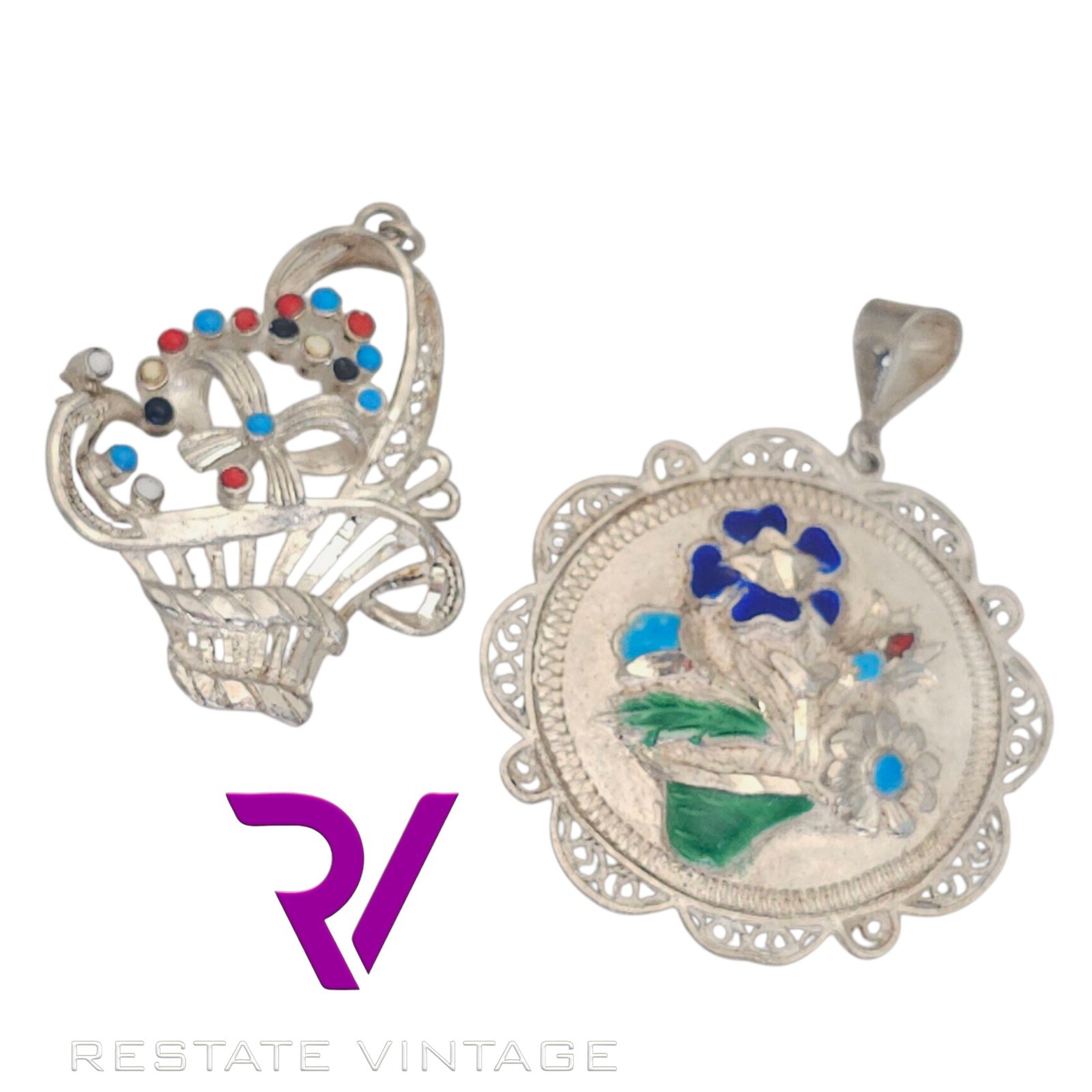 Mint Vintage ACI Sterling Enamel Pendant Basket Floral Lot Of 2