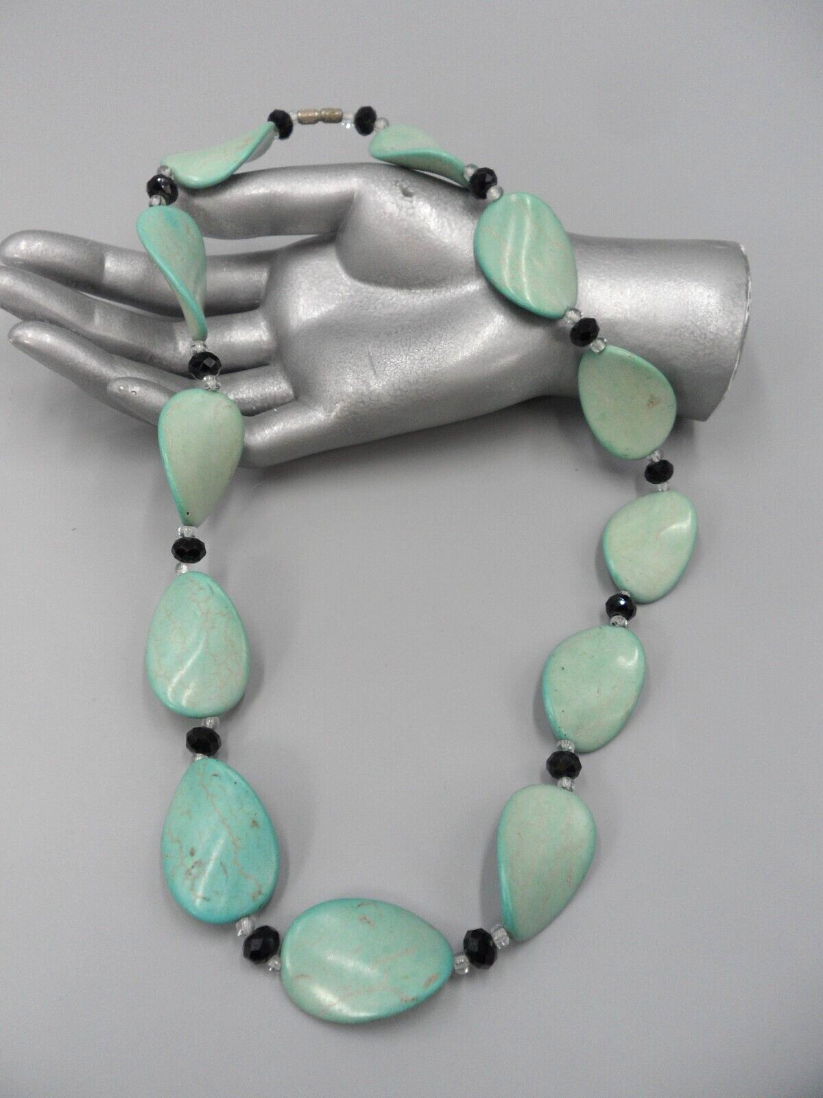 Art Deco Gemstone Collar Necklace Twisted Wavy Turquoise Ovals Glass Beads 22″