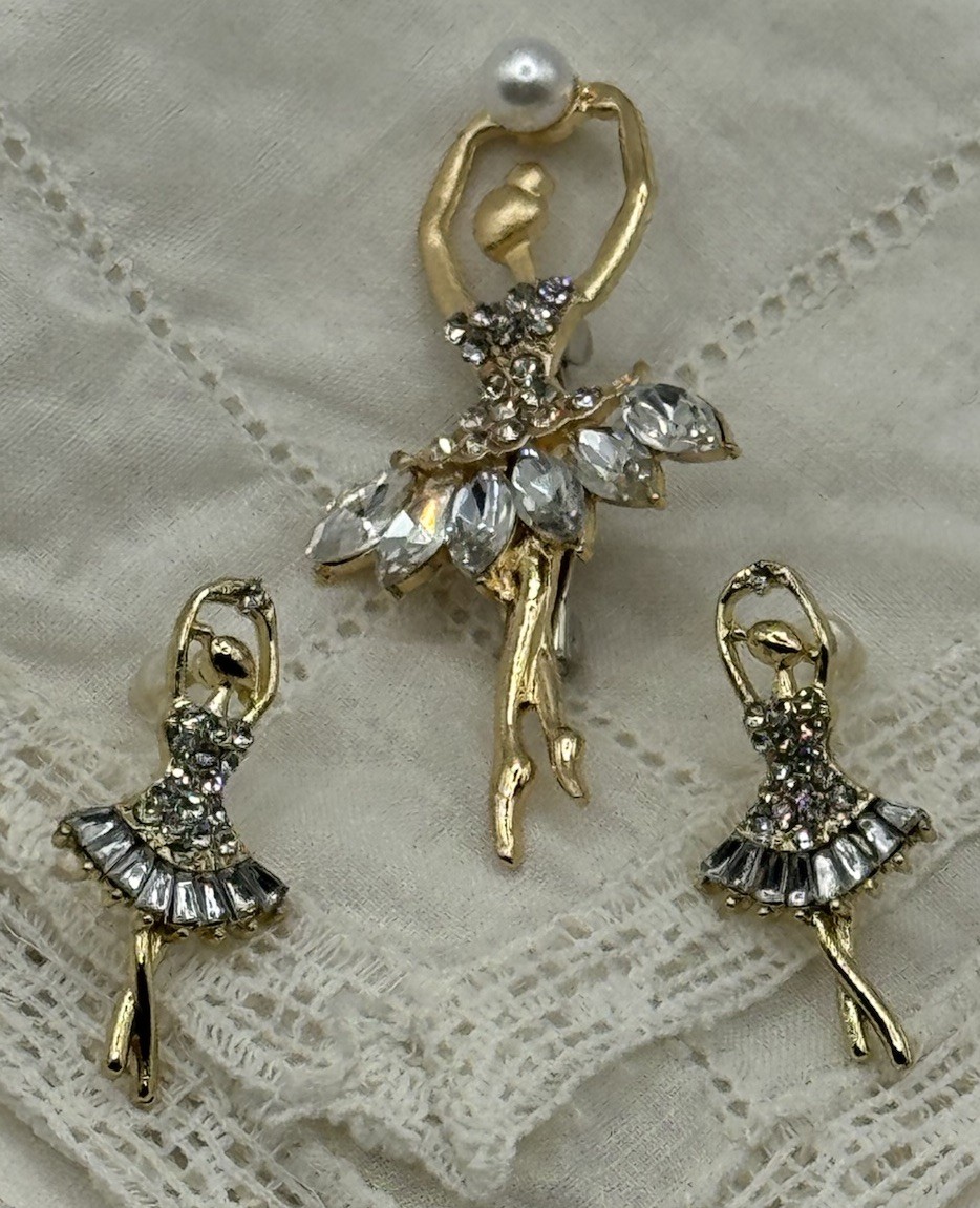 Gold Tone Ballerina Earrings With Clear Rhinestones On Her Dress & In Hands