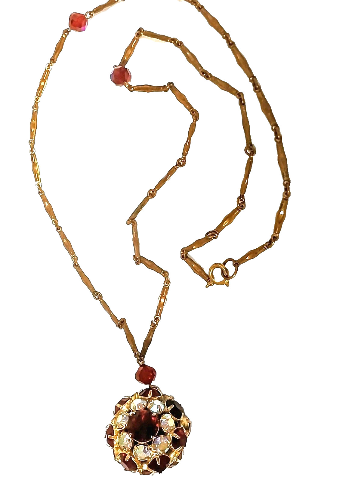VTG Necklace Red Ball Sparkly Rhinestones Clear & Red prong set 28″ long end2end